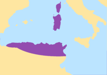 Carte de la Méditerranée centrée sur la Sardaigne, en violet les terres des Vandales
