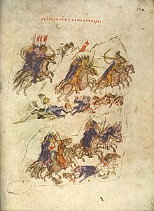 Photographie de la page d'un manuscrit représentant plusieurs scènes de combats.