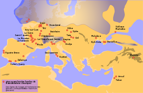 Carte de l'Europe en orange sur laquelle 45 sites néandertaliens sont en rouge et 3 zones de glaciation en violet.