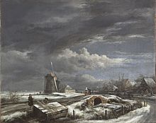 Moulin à vent, maisons et quelques personnages dans un paysage recouvert d'une couche de neige.