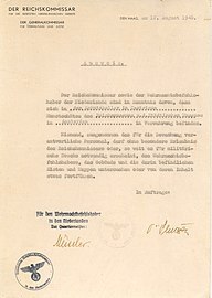 Instruction du commissaire du Reich pour les Pays-Bas, 12 août 1940.