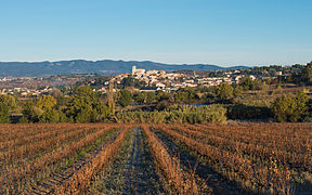 Le village de Corneilhan au cœur des collines viticoles, avec le massif du Caroux-Espinouse à l'horizon.