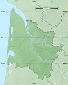 Mapa konturowa Żyrondy, w centrum znajduje się punkt z opisem „Bordeaux”