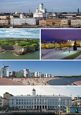 Fan lofts-boppe ôf: Katedraal fan Helsinki, Suomenlinna, Senaatsplein, Aurinkolahtistrân, Stedshûs