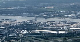Aerial of Dartford and the Dartford Crossing over the River Thames