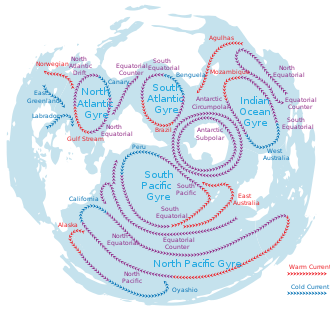 Carte du monde montrant les principaux courants et gyres océaniques de la planète.