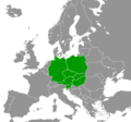 Carte où apparaissent Pologne, Tchéquie, Slovaquie, Hongrie, Allemagne, Autriche, Slovénie (en vert).