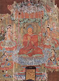 Le Bouddha Amitābha dans sa Terre Pure de l'Ouest (Dunhuang, Chine, VIIIe siècle).