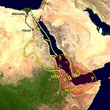 Vue satellite du nord-est africain représentant l'Égypte et la localisation du pays de Pount en rouge dans la corne africaine.