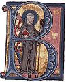 Lettrine historiée B, représentant Bernard de Clairvaux, tirée d’un manuscrit du XIIIe siècle.