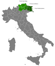 Carte de l'Italie où apparaissent en vert les régions de l'extrême nord-est du pays.