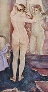 Peinture d'une femme nue debout devant un miroir.
