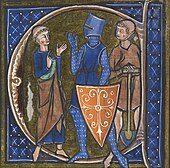 Enluminure représentant un chevalier entièrement recouvert d'une cote de mailles avec un heaume et un bouclier entouré de deux hommes, l'un en habits de moine et l'autre vêtu d'une tunique et tenant une pelle.