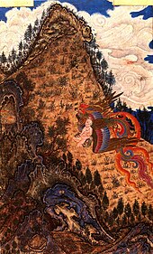 Illustration de type oriental d'un oiseau multicolore portant un jeune enfant dans ses serres vers le sommet d'une montagne.