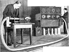 Southworth (at left) demonstrating waveguide at IRE meeting in 1938, showing 1.5 GHz microwaves passing through the 7.5 m flexible metal hose registering on a diode detector.
