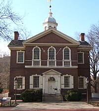 Carpenters' Hall na Filadélfia por Robert Smith, 1775 exemplo da arquitetura colonial americana