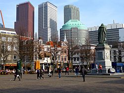 The Hague high-rises seen from the 'Plein', with statue of William the Silent