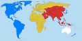 Le monde au début de la série d'animation Code Geass. En bleu, Britannia, en jaune l'Europia, en rouge, la fédération chinoise.