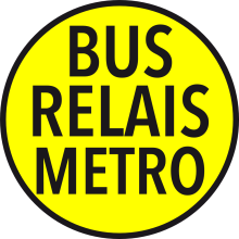 Pictogramme rond sur fond jaune avec cercle noir et texte Bus relais métro écrit en noir.