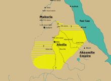 Carte représentant le royaume d'Alodie en jaune. Au sud, Aksoum et au nord, Makurie.