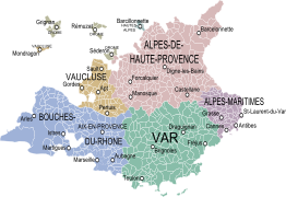 La province de Provence dans ses limites du XVIIIe siècle avec un fond cartographique des communes et des départements actuels.
