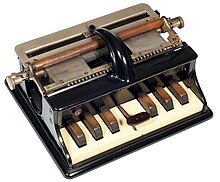 Image of the Hall Braille writer, model 1, 1892. It has six black piano like keys.