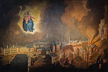 Une aquarelle peinte en 1721 comme vœu des habitants de Rennes à Notre-Dame de Bonne-Nouvelle, après l’incendie de la ville. Une Vierge à l’Enfant apparaît dans un ciel obscurci par les fumées de l’incendie qui ravage la ville et, étendant la main, protège le quartier des Lices des flammes.