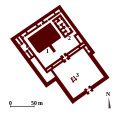 Plan de l'Ekur, temple d'Enlil à Nippur : 1. Ziggurat 2. « Temple cuisine » 3. Chapelle de la cour sud-est.