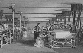 A loom in a weaving shed in 1835