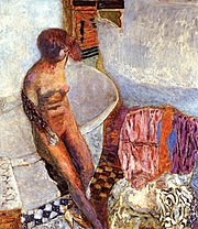 Tableau représentant en plongée une femme nue assise sur le rebord d'une baignoire.