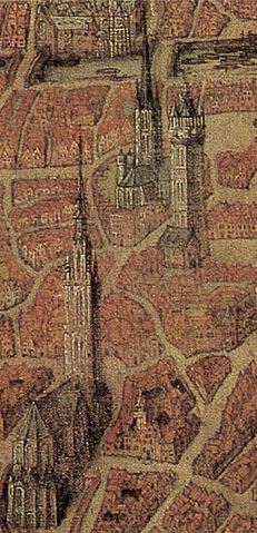 Les trois tours du centre-ville : l'actuelle cathédrale, le beffroi et l'église Saint-Nicolas. Les tours des deux églises étaient surmontées de très hautes flèches aujourd'hui disparues.