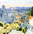 Peinture en couleur figurant un paysage avec une végétation méditerranéenne.
