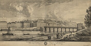 Vue perspective de la construction du pont Saint-Clair gravée par Jean-Pierre-Xavier Bidault d'après un dessin de Jean-Antoine Morand (1775)