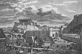 Dessin en noir et blanc d'une ville avec de nombreuses fortifications dominées par un temple sur une colline.
