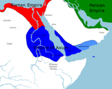 Carte des régions de la mer Rouge représentant trois grandes puissances de différentes couleurs : Aksoum en bleu, Rome en rouge et la Perse en vert.
