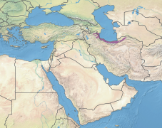 Carte du Moyen-Orient avec une écorégion représentée par un liseré le long de la rive sud de la mer Caspienne.