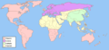 Carte du monde dans 1984. Le territoire contrôlé par l'Océania est représenté en rose, celui d'Eurasia en mauve et celui d'Estasia en vert.