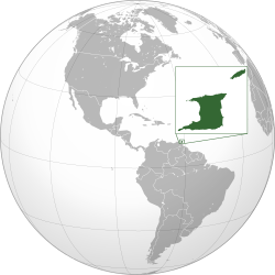 ที่ตั้งของ ประเทศตรินิแดดและโตเบโก  (เขียว) ในทวีปอเมริกาใต้  (เทา)