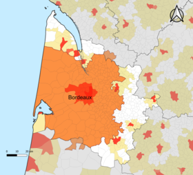 Localisation de l'aire d'attraction de Bordeaux dans le département de la Gironde.