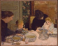 Peinture à l'huile, deux femmes en noir à table avec deux jeunes enfants.