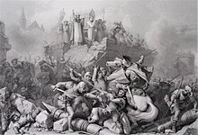 Gravure en noir et blanc représentant une armée fuyant au pied d'un muraille au sommet de laquelle des hommes portent un reliquaire sur leurs épaules.