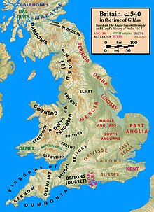 Carte de Grande-Bretagne situant les peuples bretons (dans l'ouest et le nord) et anglo-saxons (dans l'est et le sud)