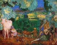 Tableau représentant un paysage luxuriant avec au premier plan des personnages allongés et une femme trayant une vache.