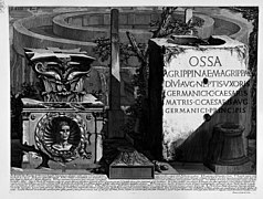 Gravure du Piranèse montrant l'urne d'Agrippine et le mausolée d'Auguste.