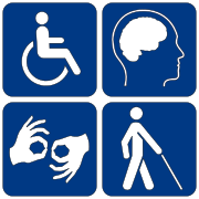 Symbole international d'accessibilité, une personne en chaise roulante blanche sur fond bleu.