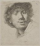 Автопортрет с шапка и широко отворени очи, офорт и щихел[33], 1630