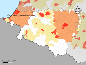 Localisation de l'aire d'attraction de Bayonne (partie française) dans le département des Pyrénées-Atlantiques.