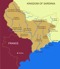 Frontière au niveau du comté de Nice : ligne brune : frontière des Alpes Maritimes actuelle ; en brun, territoire annexé en 1860 ; en jaune, territoire annexé en 1945.