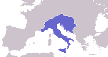 Carte de l'Europe montrant en bleu les limites du royaume ostrogoth