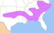 Carte du sud-est des États-Unis. Une zone violette couvre partiellement le Kentucky, la Virginie occidentale, la Virginie, le Tennessee, la Caroline du Nord, la Caroline du Sud, la Géorgie, l'Alabama, la Floride, le Mississippi, l'Arkansas, la Louisiane, le Texas et l'Oklahoma.